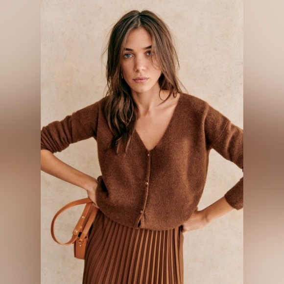 Sezane Barry Kid Mohair Alpaca Cardigan Brown XS V Neck - Picture 2 of 10